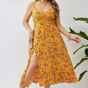SHEIN Yellow Floral Midi Dress